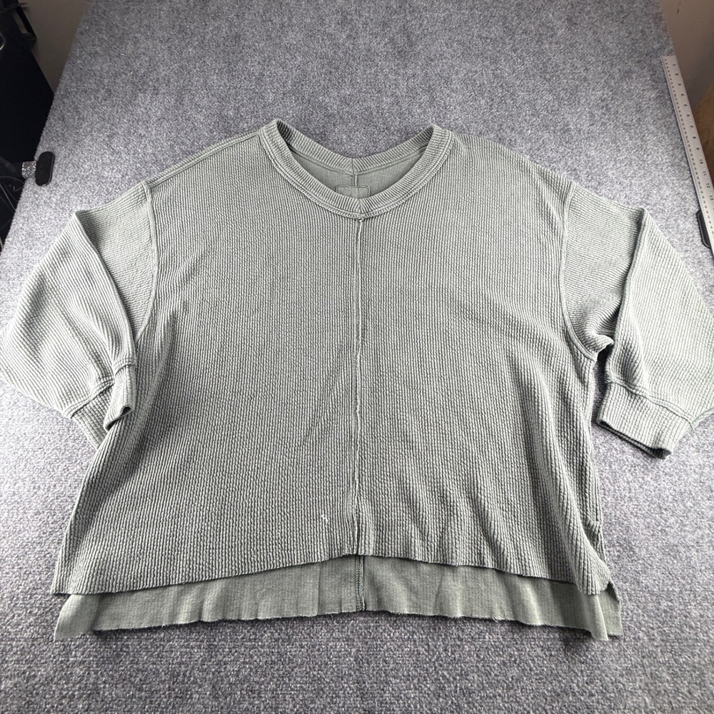 Aerie Womens XXL Sage Green Waffle Knit V-Neck Oversized High-Low Sweater 0542